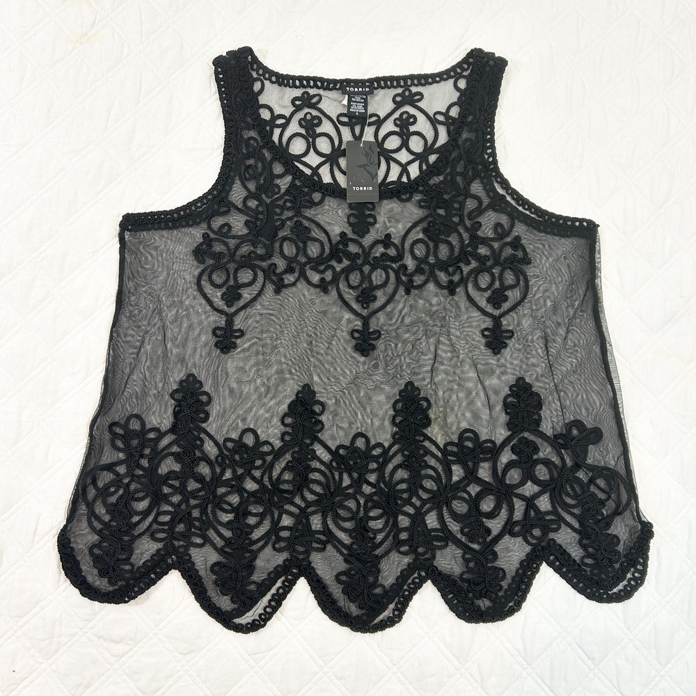 Torrid Womens Embroidered Sheer Mesh Tank Top Size 0 Black Pullover Scoop Neck